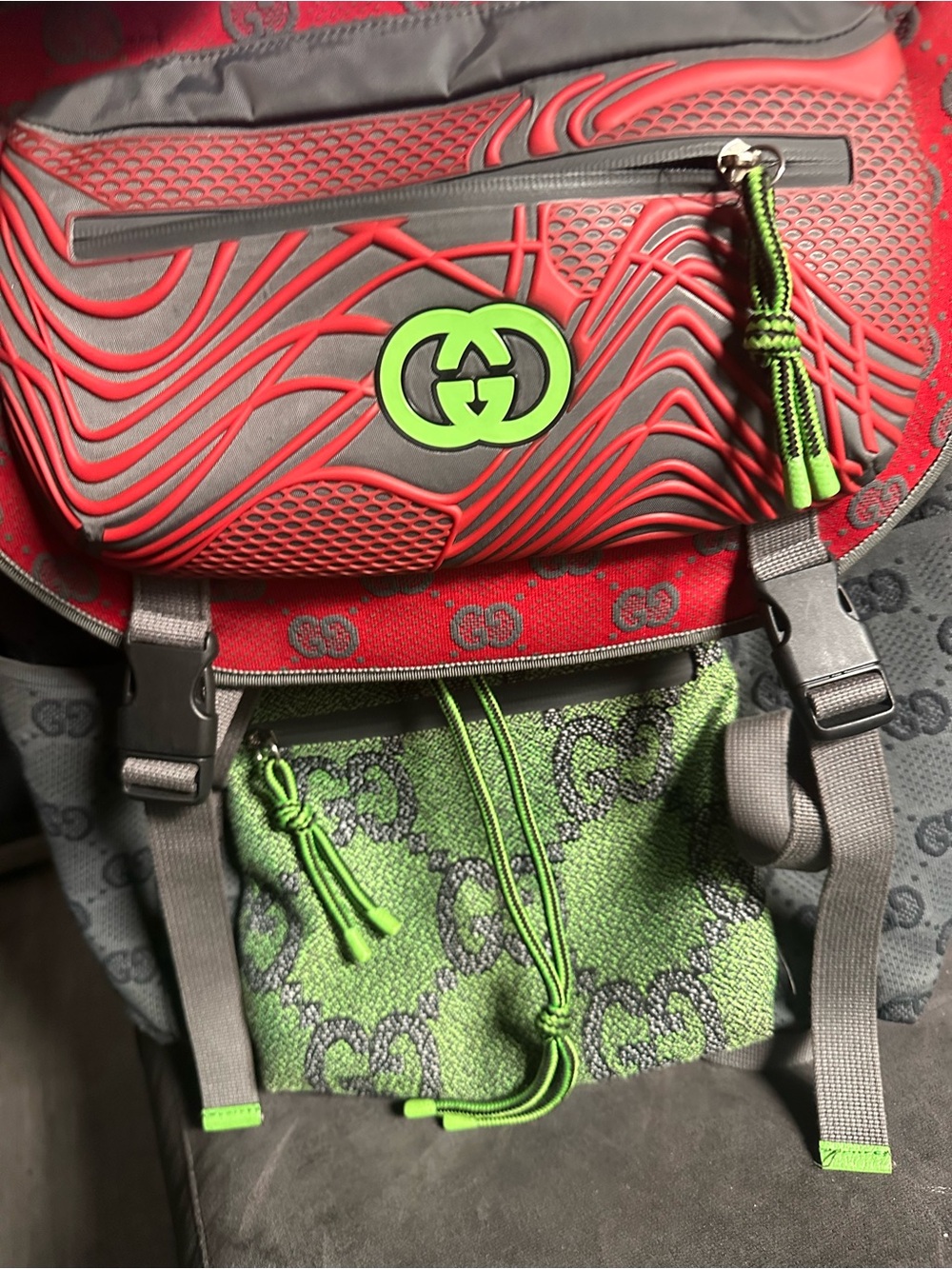 Gucci Red and Neon Green Men's Backpack with Signature GG Emblem